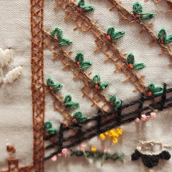 Vtg counted cross stitch of a country farm,w/sheep/crops w/farmhouse/barn Framed - Picture 8 of 14